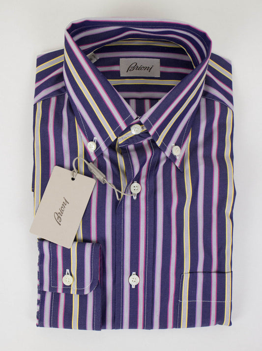 Brioni Striped Cotton Slim Fit Dress Shirt - Purple