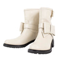 Cream With Bow Mid Calf Leather Boots