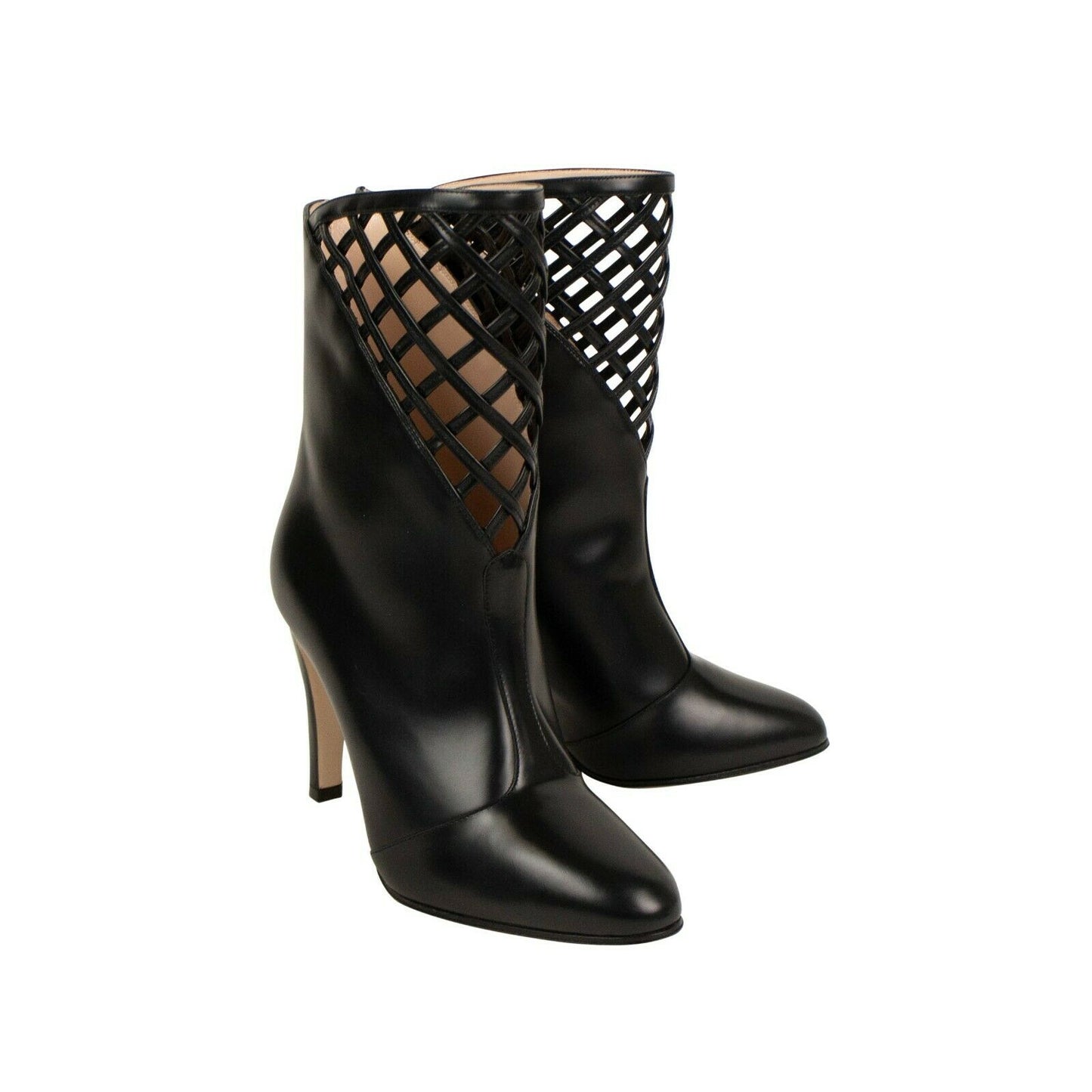 Black Leather Cut Out Design Heeled Ankle Boots