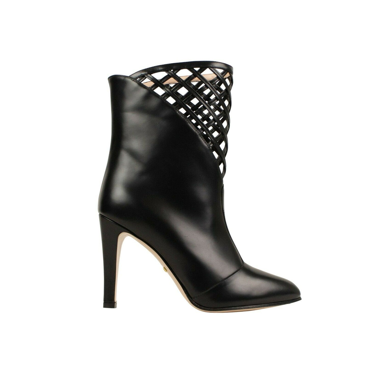 Black Leather Cut Out Design Heeled Ankle Boots