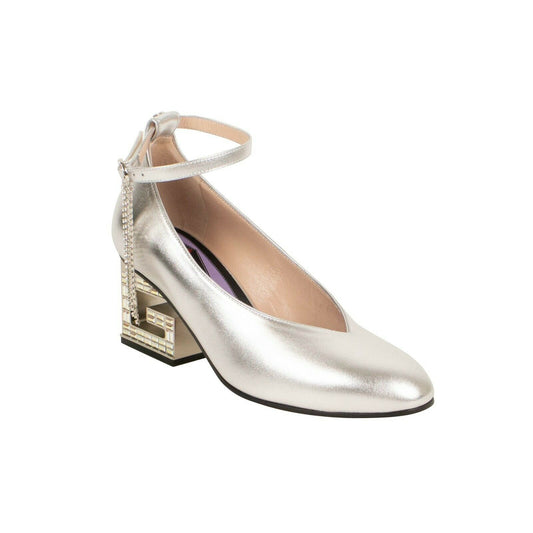 Gucci Leather Crystal G Mid-Heel Pumps Shoes - Silver