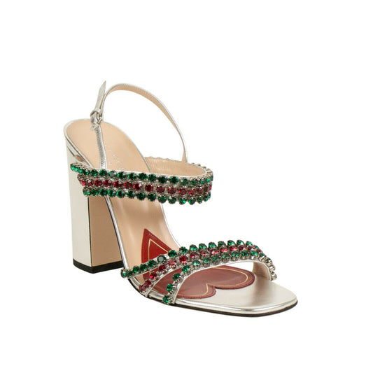 Gucci Leather With Red And Green Crystals Sandals Pumps - Silver