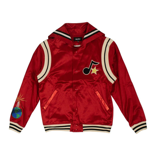 Red Satin Logo Cape Varsity Jacket