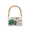 White Canvas Printed Bamboo Top Handle Shoulder Bag