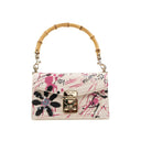 White Canvas Pink Floral Printed Bamboo Top Handle Shoulder Bag