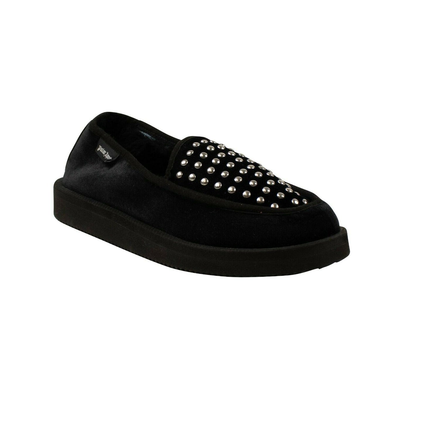 Black Velvet Studded Slip On Loafers