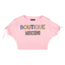 Pink Boat Neck Embroidered Short Sleeve T-Shirt
