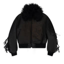 Black Faux Leather Detachable Fur Fringe Bomber Jacket