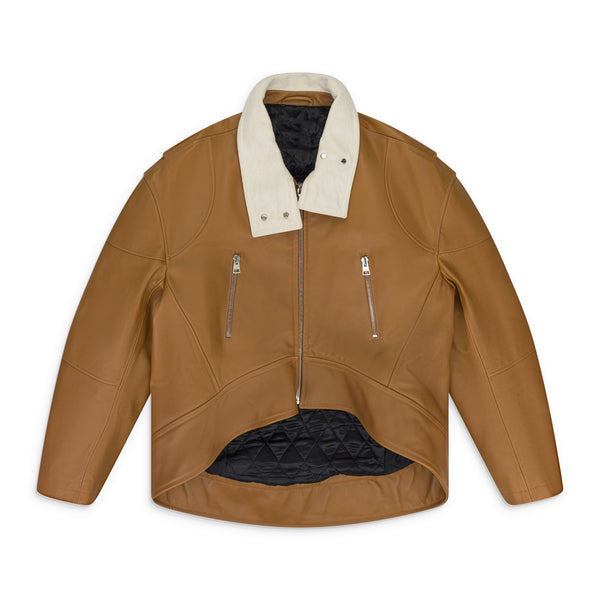 Brown Curved Hem High Neck Leather Jacket