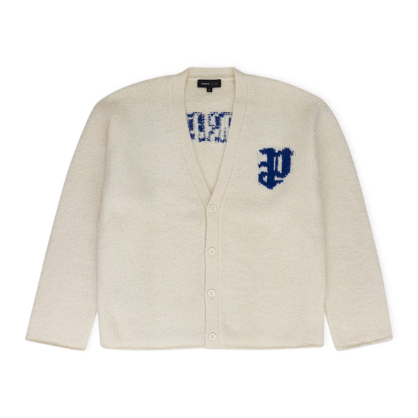 White Intarsia Knit Logo Cardigan