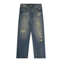 Mid Indigo Repair Destroy Baggy Fit Jeans