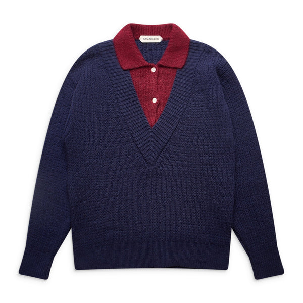 Blue Layered Jumper/Ribbed V-Neck Polo Sweater