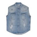 Blue Sleeveless Distressed Denim Shirt