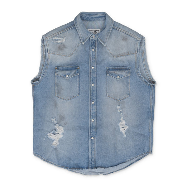 Blue Sleeveless Distressed Denim Shirt