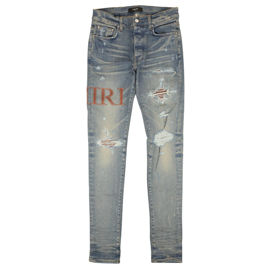 Amiri Leather Stitch Logo Straight-Fit Jeans - Clay/Indigo
