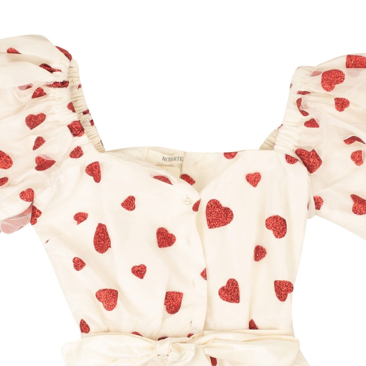 White & Red Damaged Glitter Heart Cinched Blouse