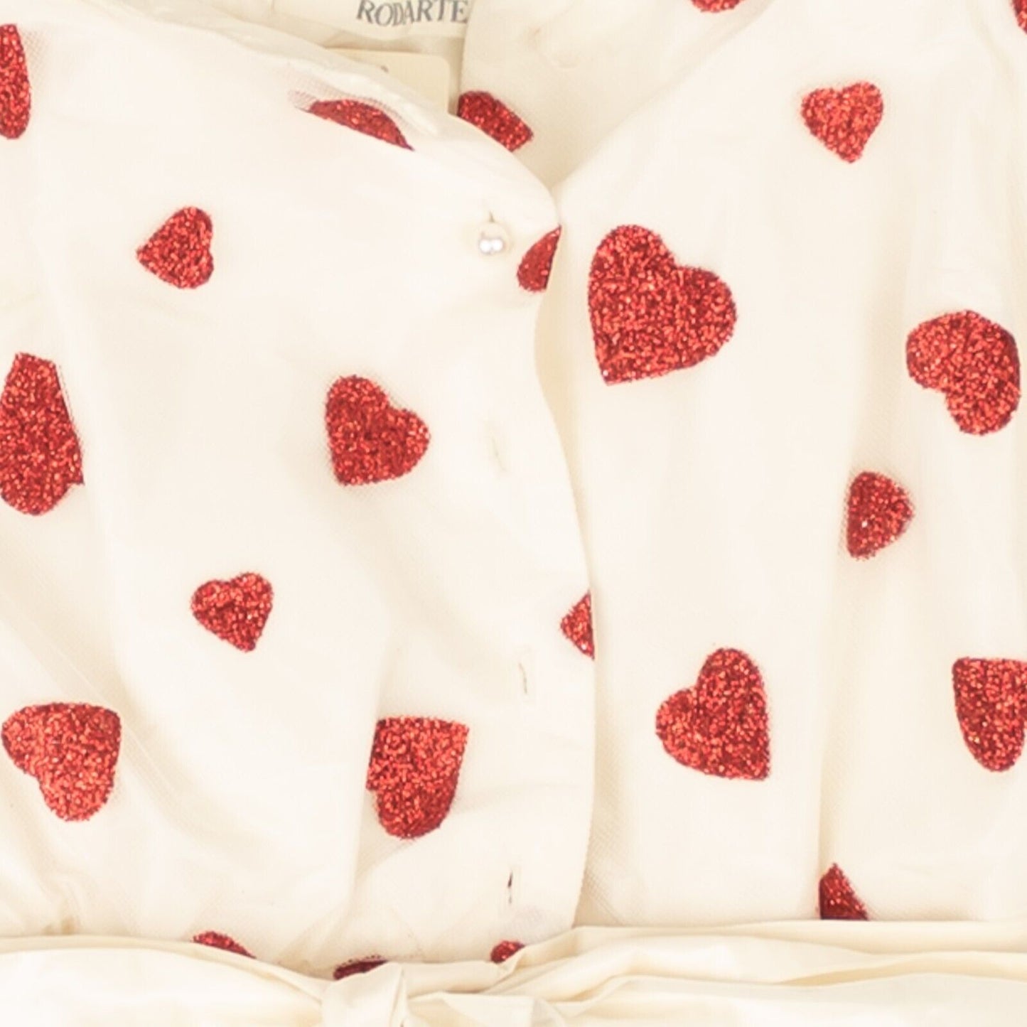 White & Red Damaged Glitter Heart Cinched Blouse