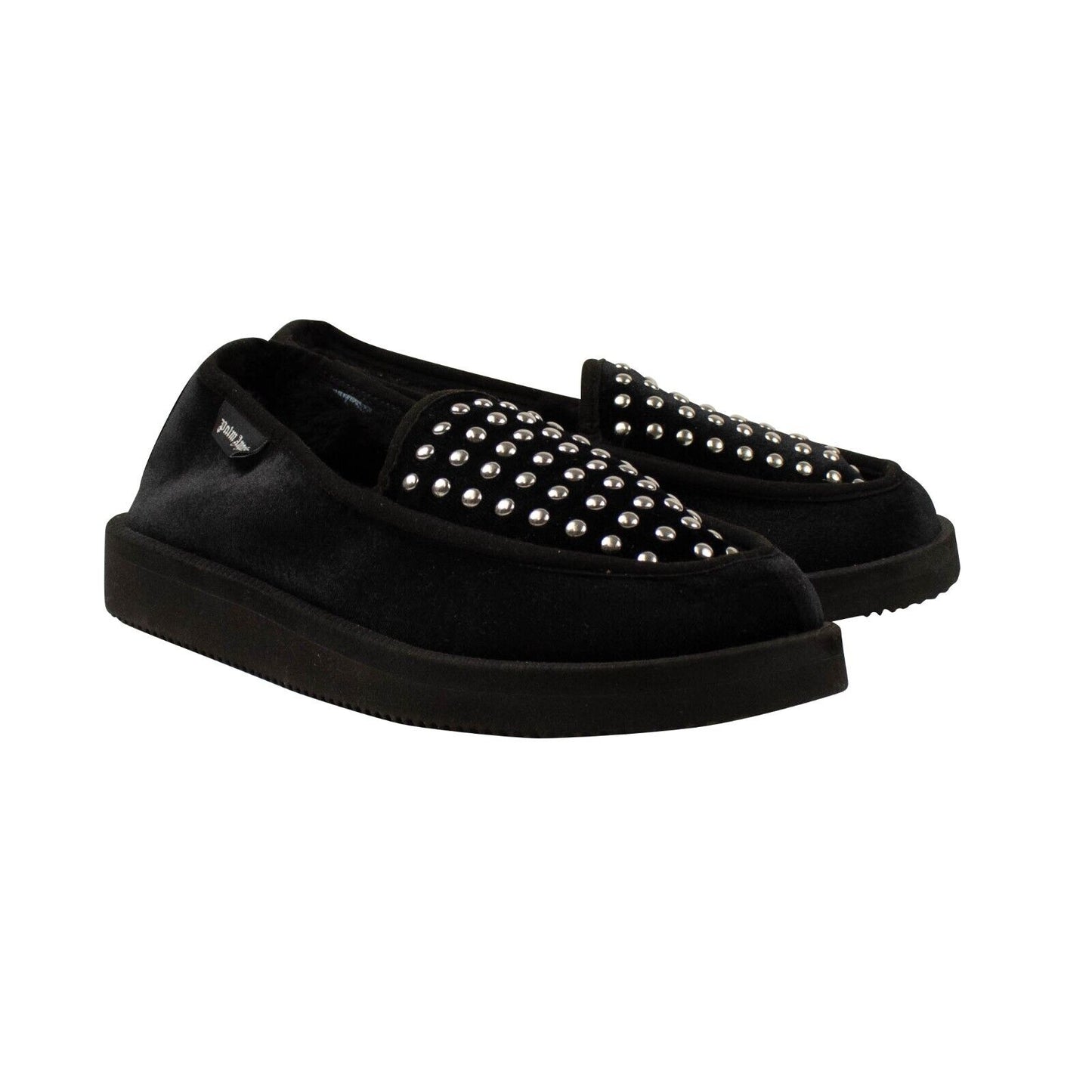 Black Velvet Studded Slip On Loafers