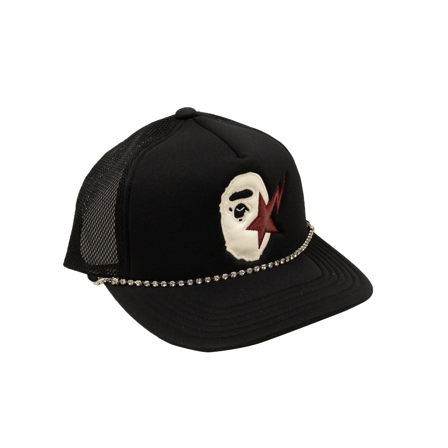 STAR APE HEAD LEATHER PATCHED MESH BLACK CAP