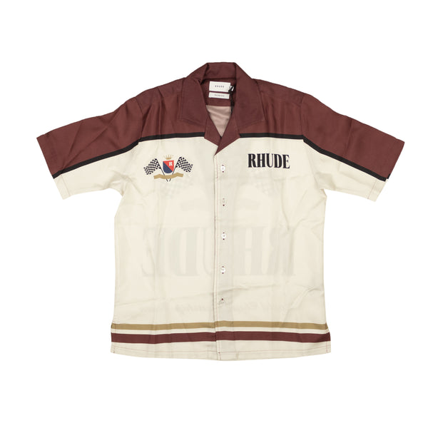White & Maroon Silk Racing Team Button Down Shirt