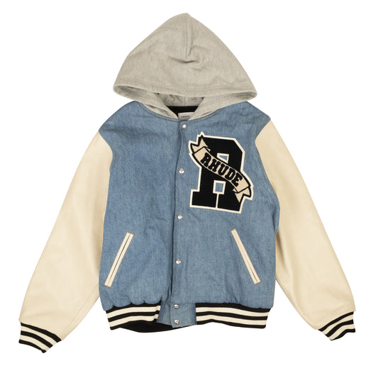 Washed Denim Hooded Varsity Jacket