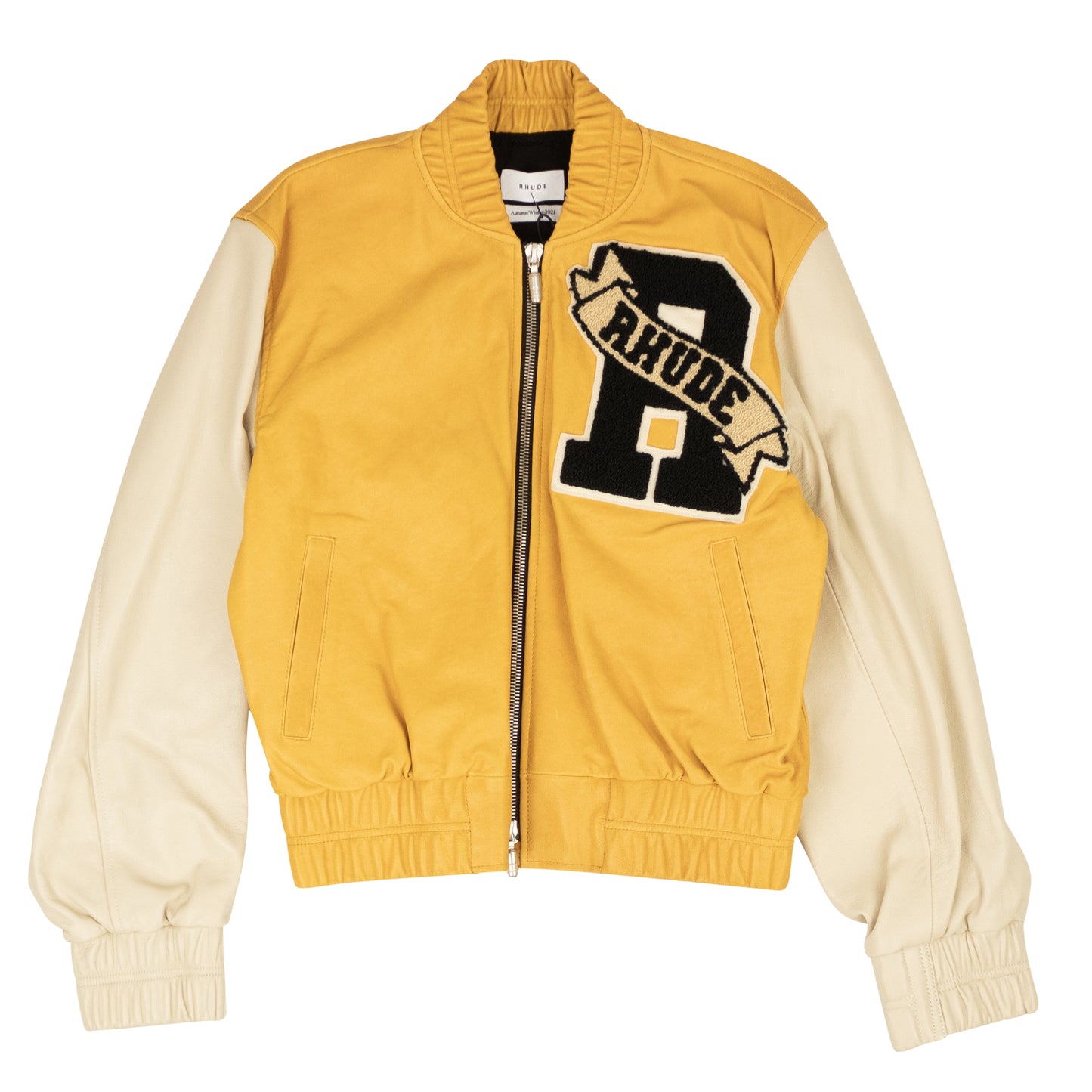 LOGO-APPLIQUE YELLOW CREME VARSITY BOMBER JACKET