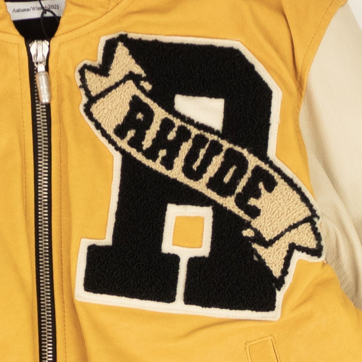 LOGO-APPLIQUE YELLOW CREME VARSITY BOMBER JACKET