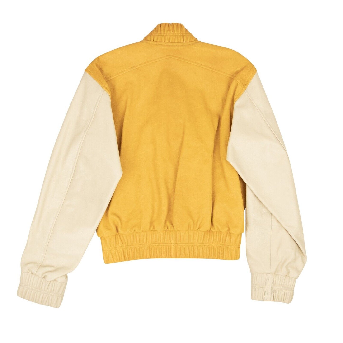 LOGO-APPLIQUE YELLOW CREME VARSITY BOMBER JACKET