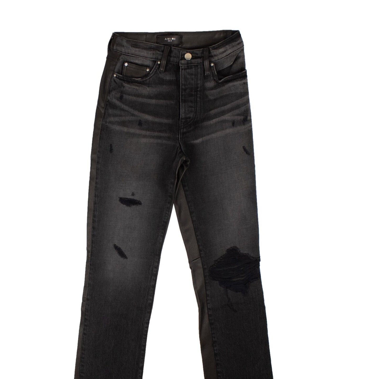 Amiri Crop Straight Lthr Denim Pants - Black