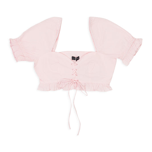 LACE UP RUFFLE PINK CROP TOP