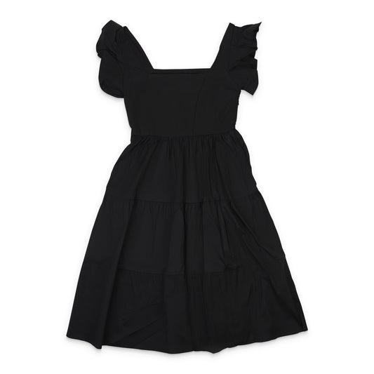 POPLIN?TIERED BLACK MINI DRESS