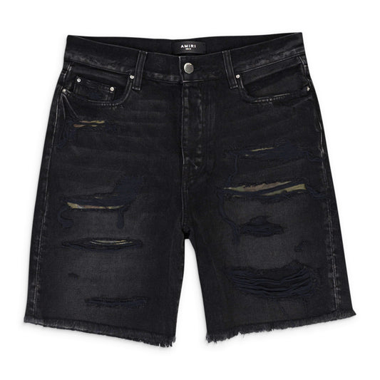 CAMO PATCH SHORT AGED BLACK DENIM SHORTS