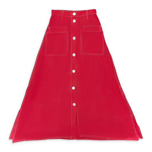 INES CONSTRAST STITCHED RED MAXI SKIRT