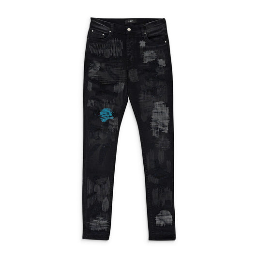 ALL OVER REPAIR AGED BLACK JEANS