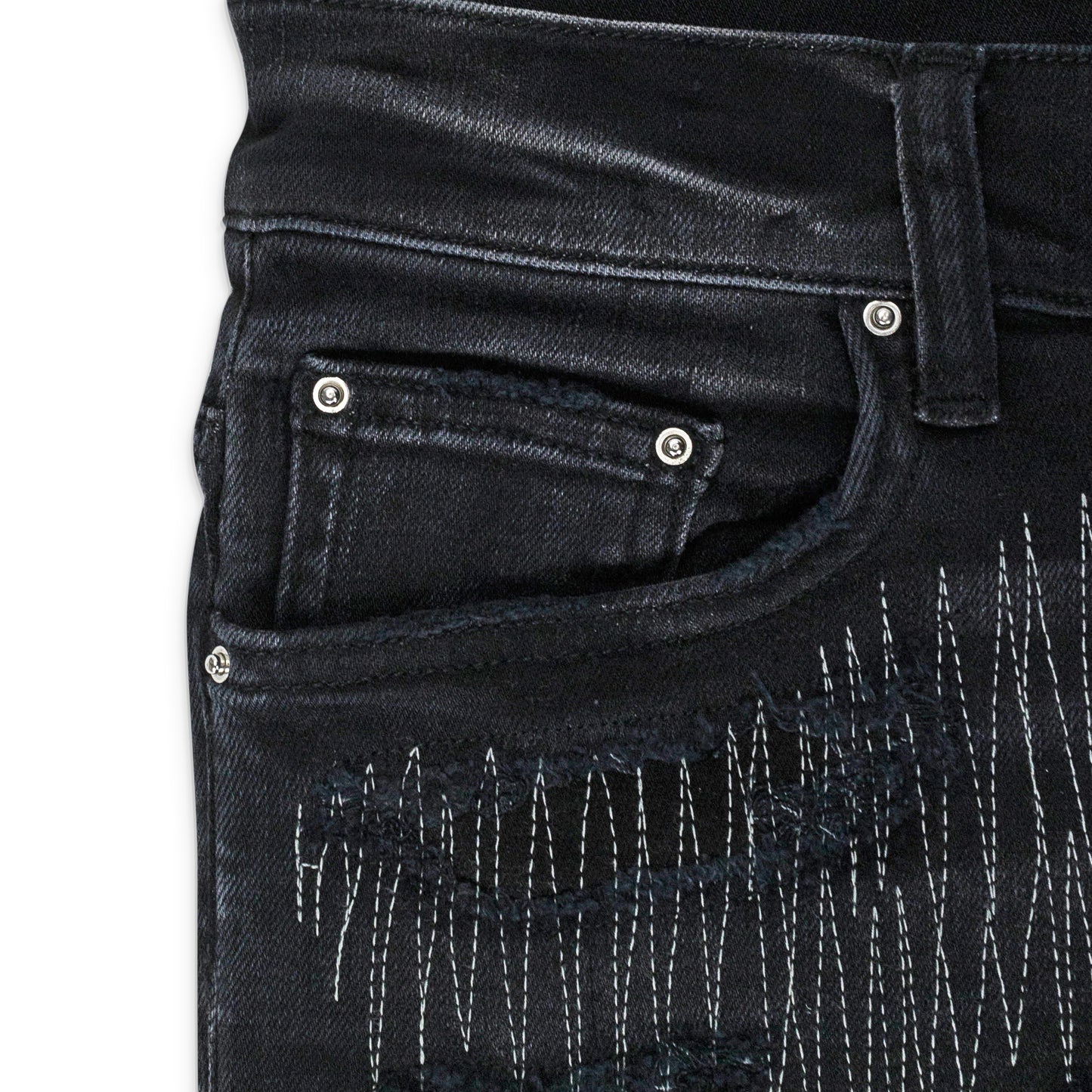 ALL OVER REPAIR AGED BLACK JEANS