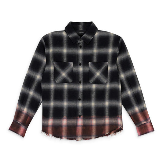 DISTRESSED PLAID CHECK COTTON BLACK BUTTON-DOWN SHIRT