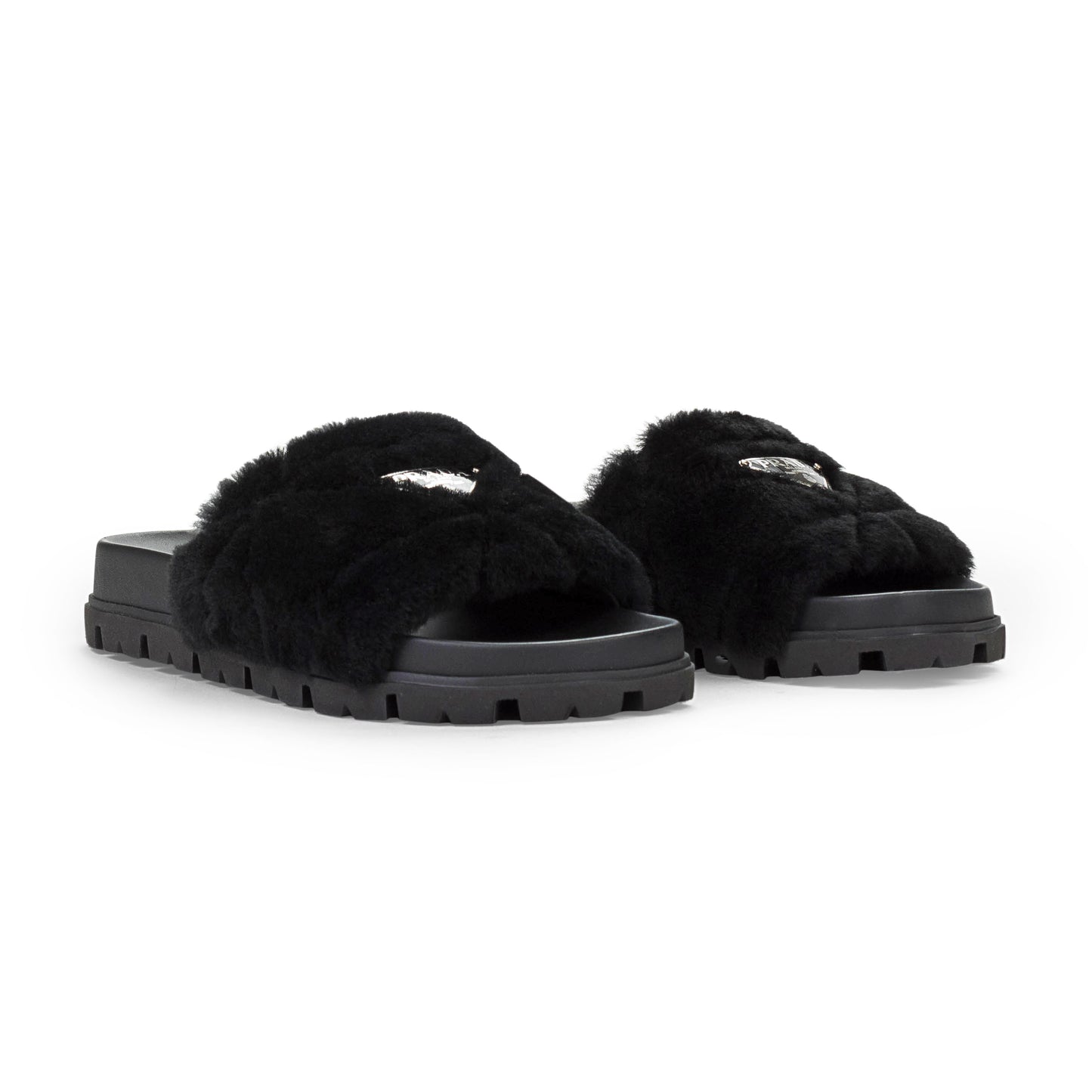 BLACK FUR SLIDES BLACK SLIPPERS