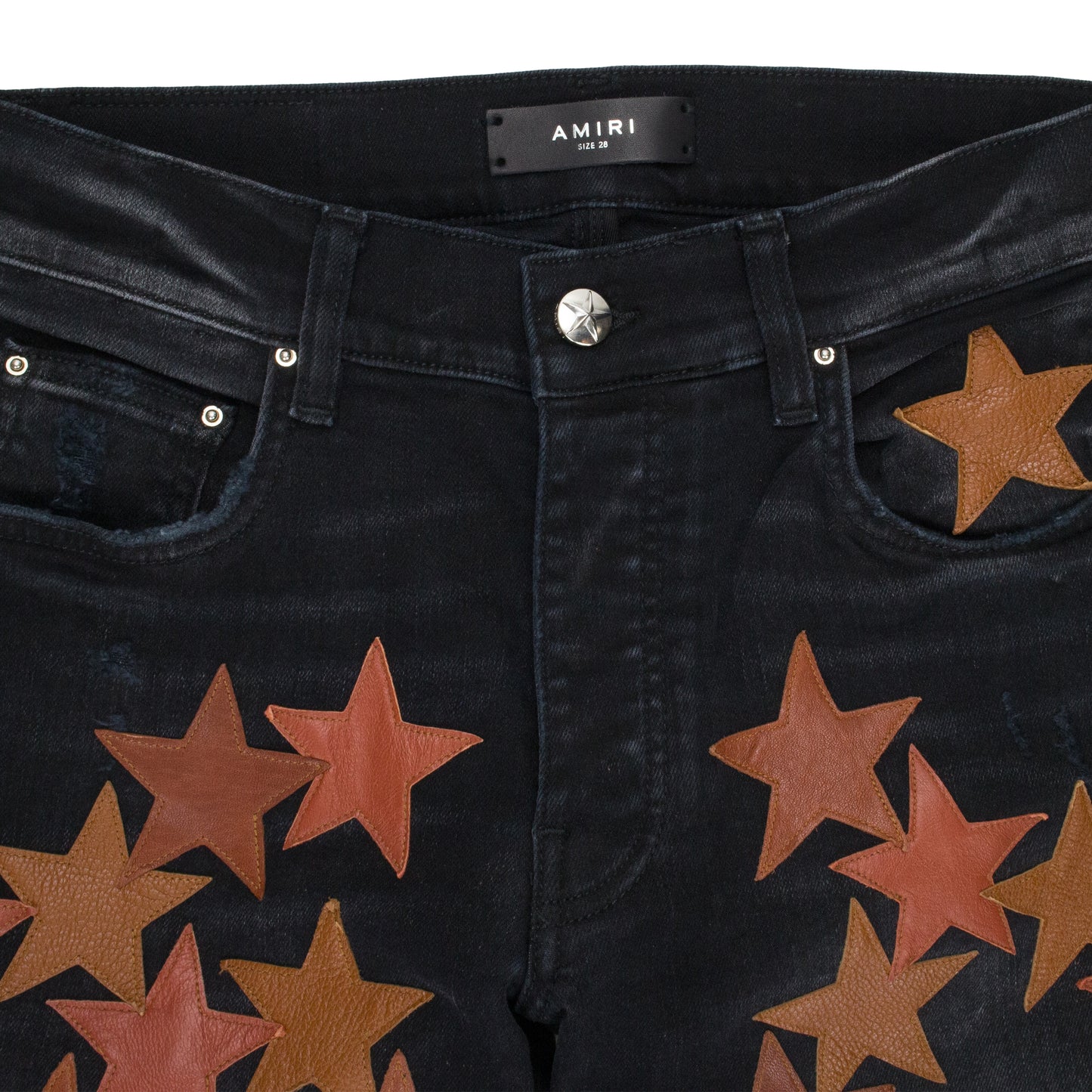 LEATHER STAR APPLIQUE CHEMIST AGED BLACK JEANS