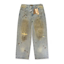 DIRTY-WASHED BRUSHING WAX BAGGY DENIM BLUE RELAXED-FIT JEANS