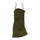 INDIAN FLORAL PRINTED MESH GATHERED GREEN MINI DRESS