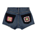 CROCHET APPLIQUE DENIM HONOLULU WASH BLUE SHORTS