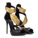 BLACK/GOLD LEAF STRAPS HEELS