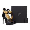 BLACK/GOLD LEAF STRAPS HEELS