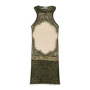GREEN MESH SLEEVELESS "CARTOUCHE" PRINT SHORT DRESS