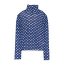BLUE FLOWER PRINTED MESH TURTLENECK SWEATER