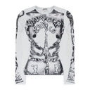 WHITE JERSEY LONG SLEEVE "DENTELLE TROMPE L'OEIL" PRINT T-SHIRT