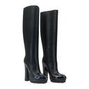 BLACK LEATHER BLOCK KNEE-HIGH BOOTS