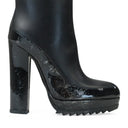 BLACK LEATHER BLOCK KNEE-HIGH BOOTS