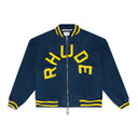 NAVY OVERSIZED LOGO TERRY VARSITY JACKET