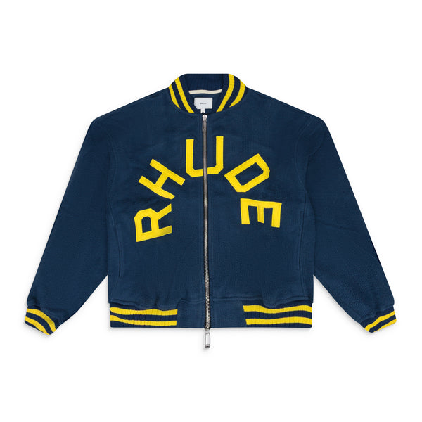 NAVY OVERSIZED LOGO TERRY VARSITY JACKET